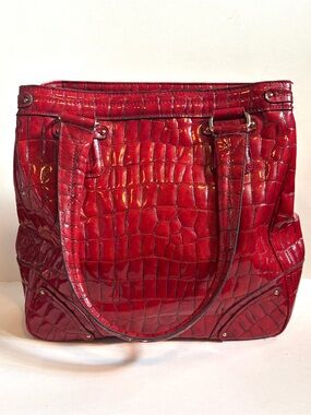 Red Patent Liz Claiborne Large Croc-Embossed Tote Bag